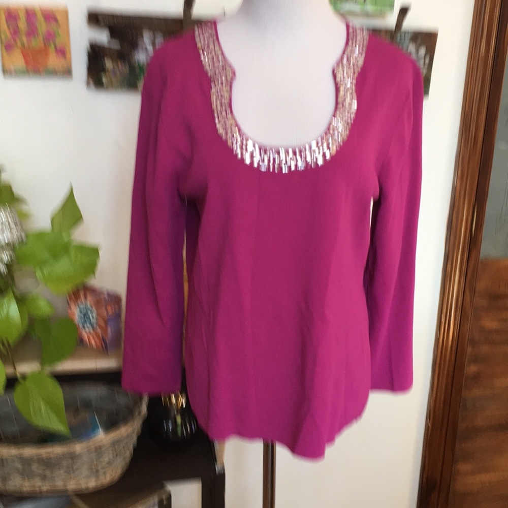 Fuchsia Sparkle Cable and Gauge Sweater